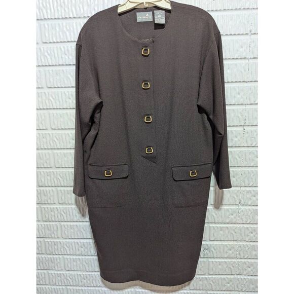 Liz Claiborne Women's Brown Solid Long-Sleeve Gold Trim Wool Dress Size 10P - Picture 1 of 7